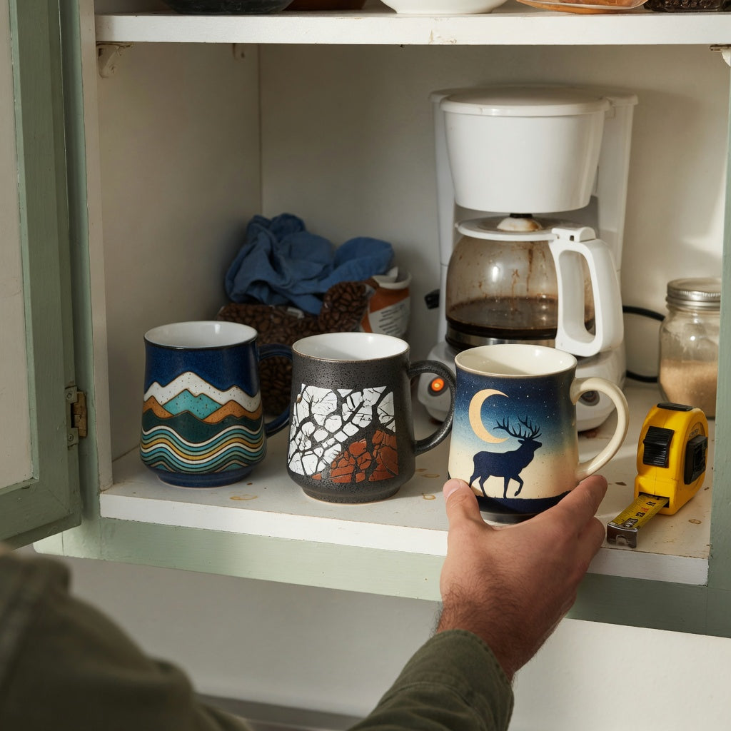 Coffee mug gift ideas for him everyday mug rotation practical purchase checklist with three CoffeifyMug designs arranged on a kitchen shelf