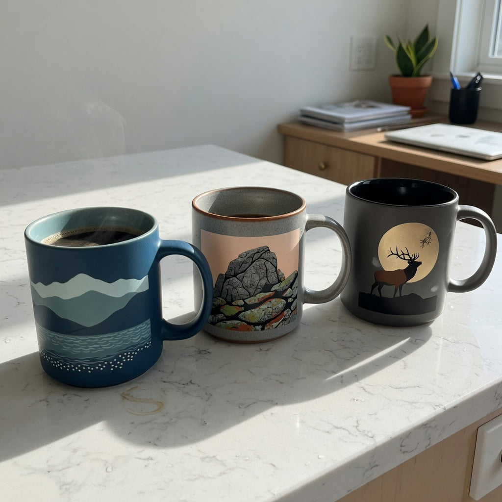 Coffee mug gift ideas for him gift choice product shortlist guide featuring Mountain Sea, The Rock, and Elk and Moon designs