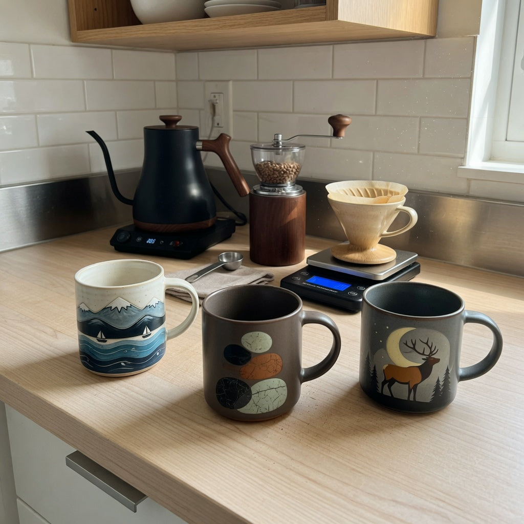 coffee mug gift ideas for him home coffee station product shortlist guide with Mountain Sea, The Rock, and Elk and Moon mugs beside brewing tools