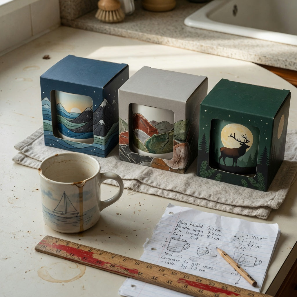 coffee mug gift ideas for him replacement purchase product shortlist guide showing an old chipped mug beside Mountain Sea, The Rock, and Elk and Moon options