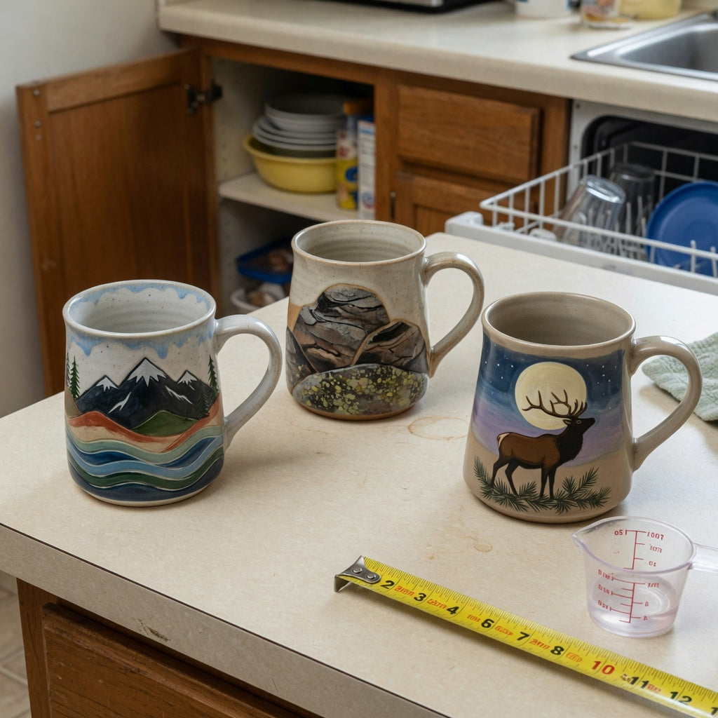 coffee mug gift ideas for him shared household practical purchase checklist with three nature-themed mugs on a shared kitchen counter