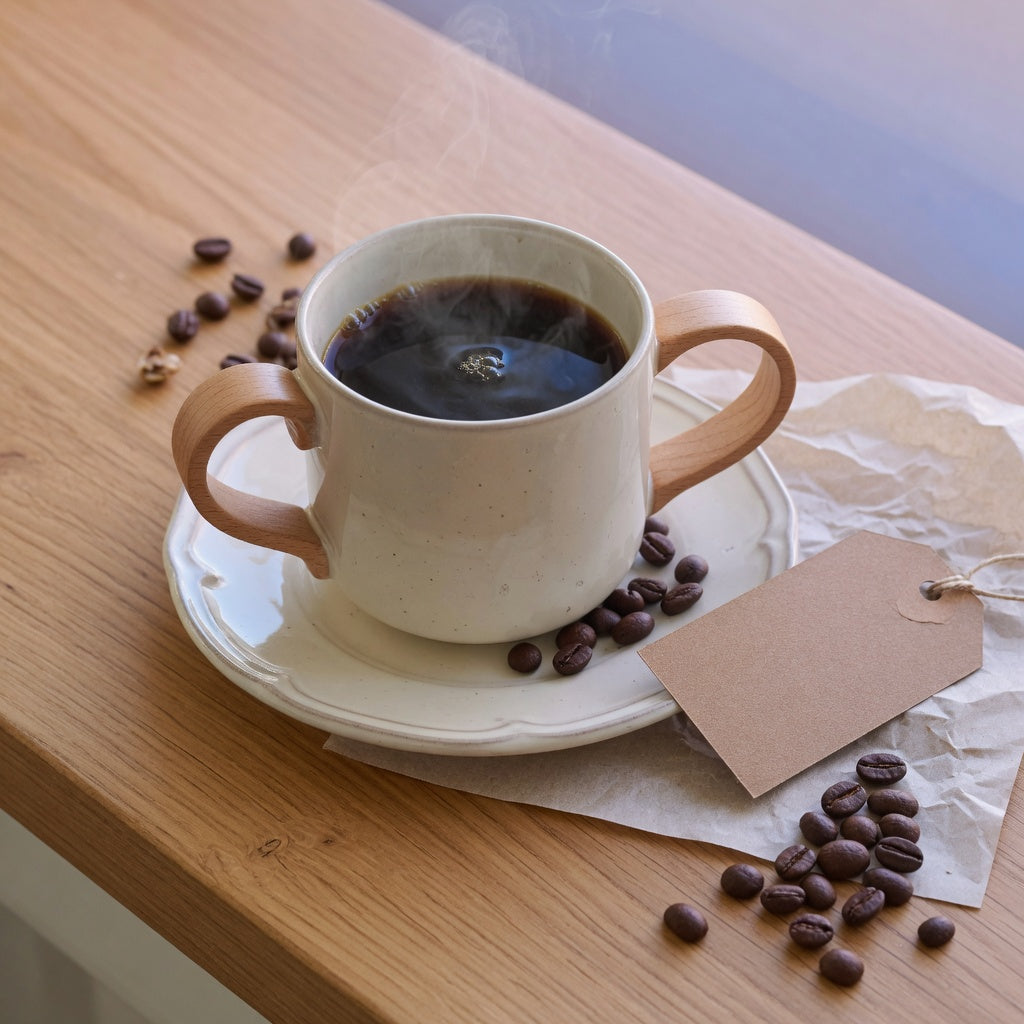 Coffee mug gift ideas wooden handle: ceramic mug with a wooden grip beside gift wrap and coffee beans on a kitchen counter