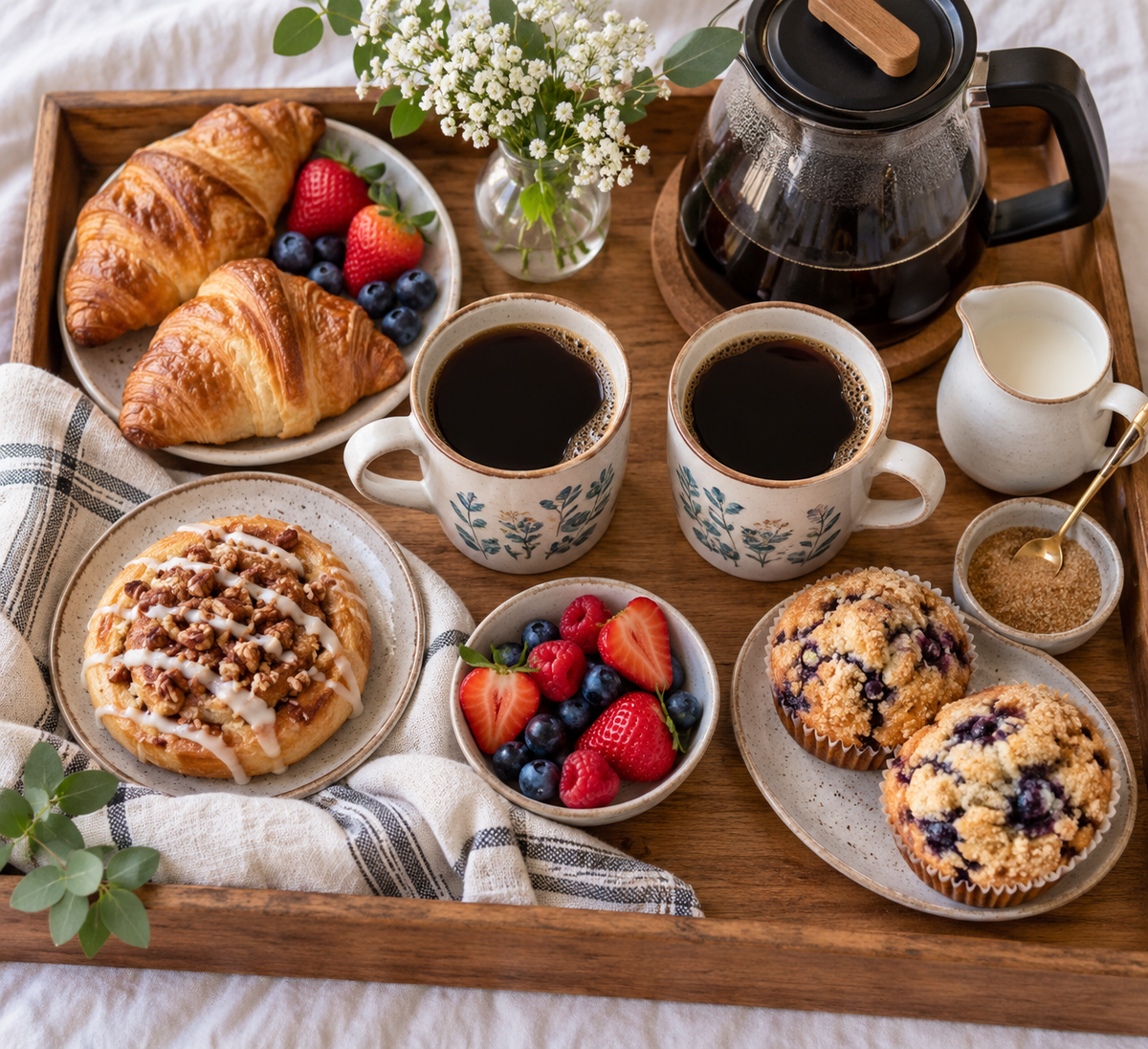 coffee mug pair for brunch tray styled on a dining tray