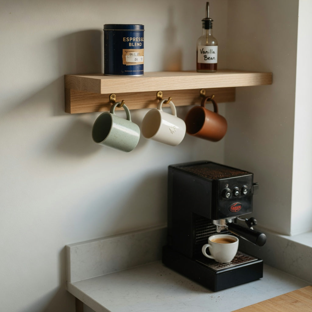 Floating coffee mug shelf for small kitchen holding ceramic mugs on hooks above a compact coffee bar