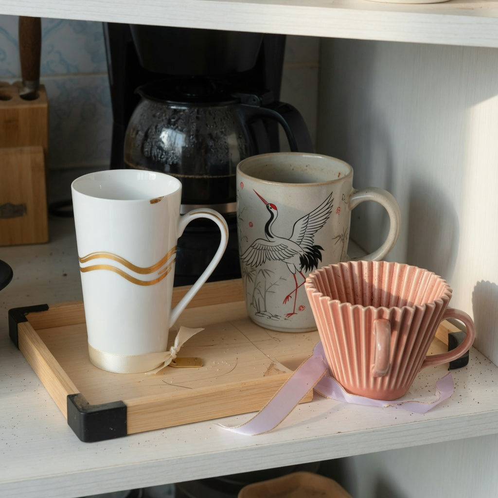 Coffee mug wedding gift everyday mug rotation product shortlist guide showing a tall white golden-wave mug, a crane mug, and a pleated cup on a kitchen shelf