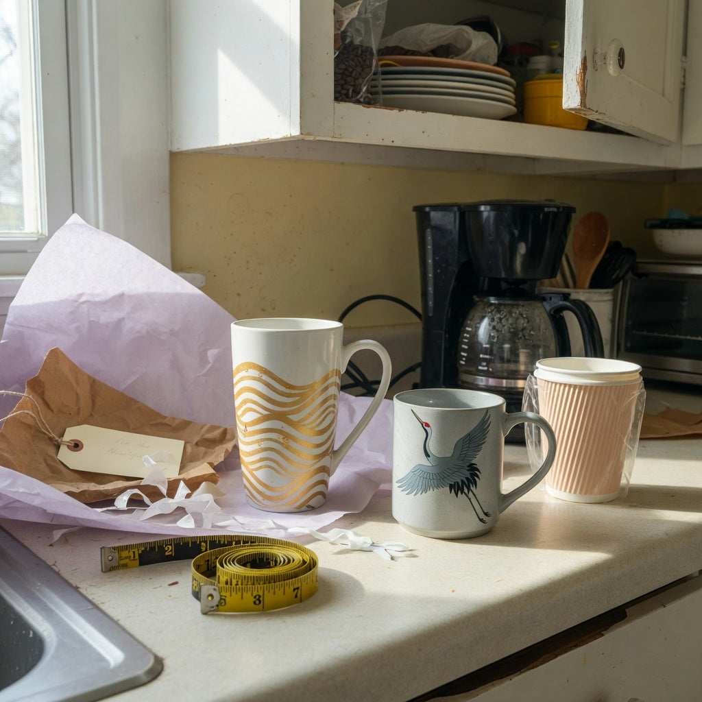 Coffee mug wedding gift everyday mug rotation practical purchase checklist with tall, crane-themed, and pleated cups beside a kitchen shelf