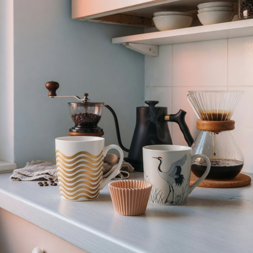 Coffee mug wedding gift home coffee station practical purchase checklist with three decorative mugs on a shared brewing counter