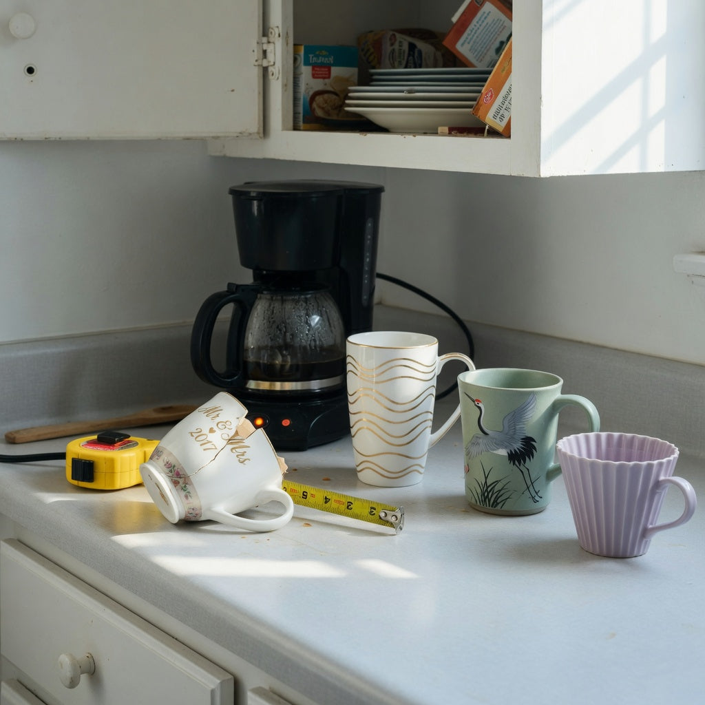 coffee mug wedding gift replacement purchase practical purchase checklist shown with a cracked mug, tape measure, and three replacement styles