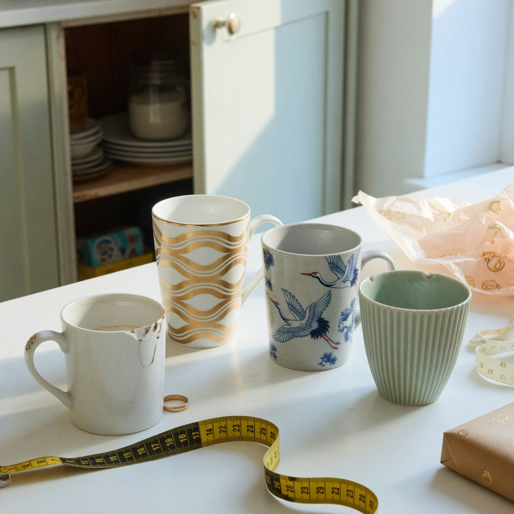 A coffee mug wedding gift replacement purchase product shortlist guide comparing golden waves, crane, and pleated mug designs