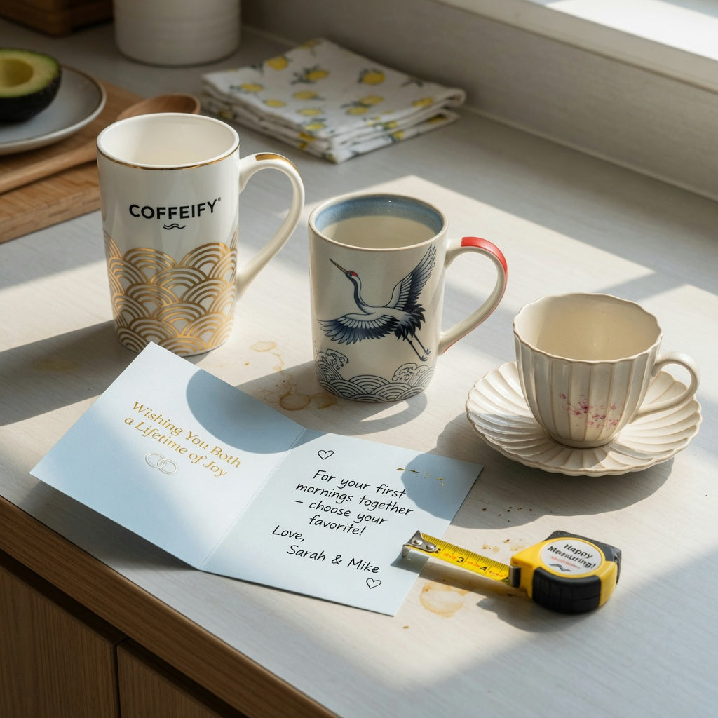 A coffee mug wedding gift shared household practical purchase checklist with tall golden waves, crane, and pleated mug styles