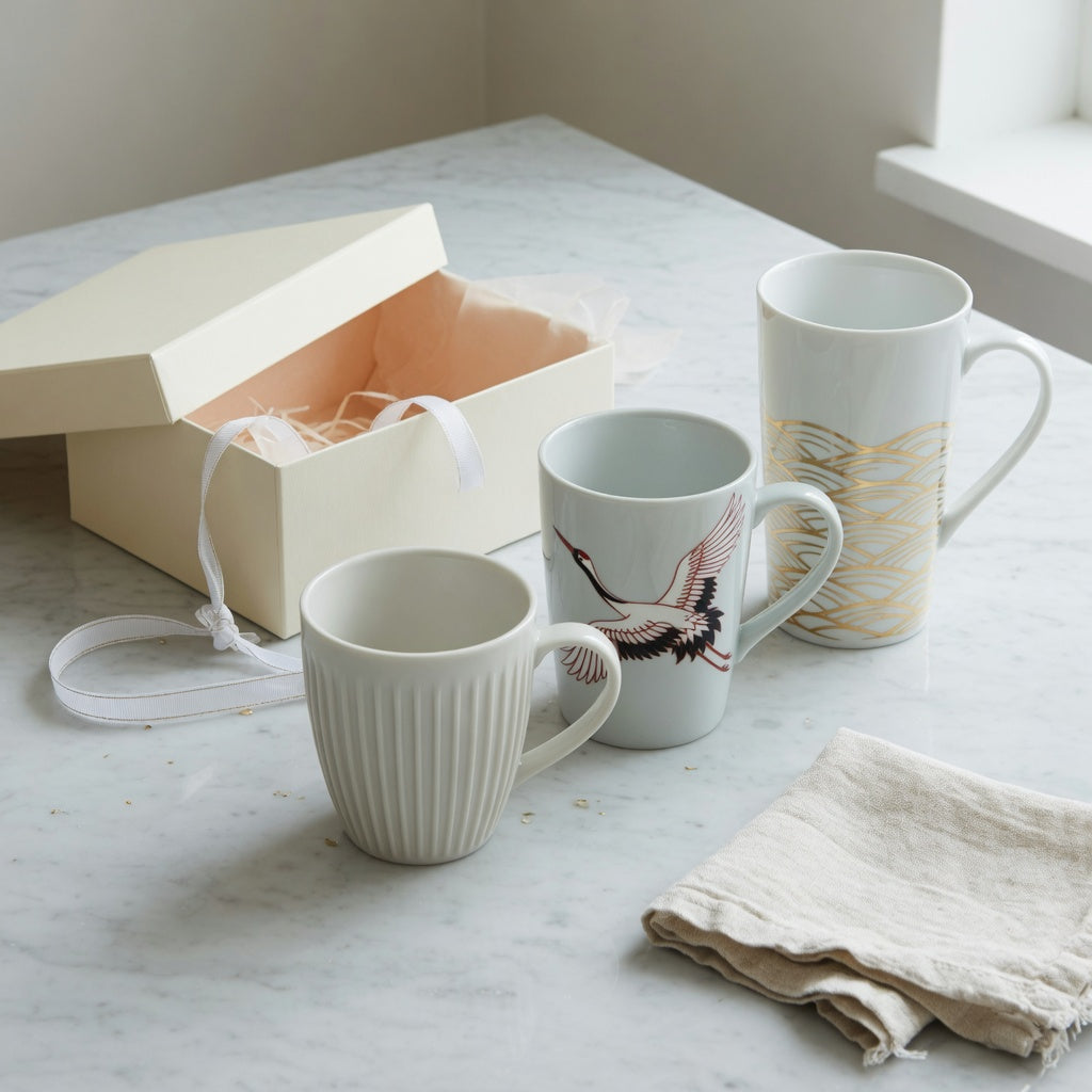 Three current mug options arranged for a coffee mug wedding gift size decision guide, comparing 400 ml, 440 ml, and 480 ml capacities