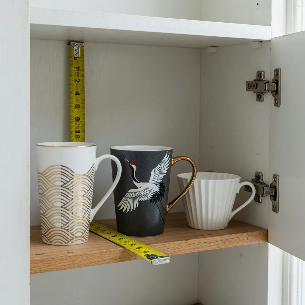 Coffee mug wedding gift storage fit guide showing tall, crane, and pleated mugs measured on a cabinet shelf