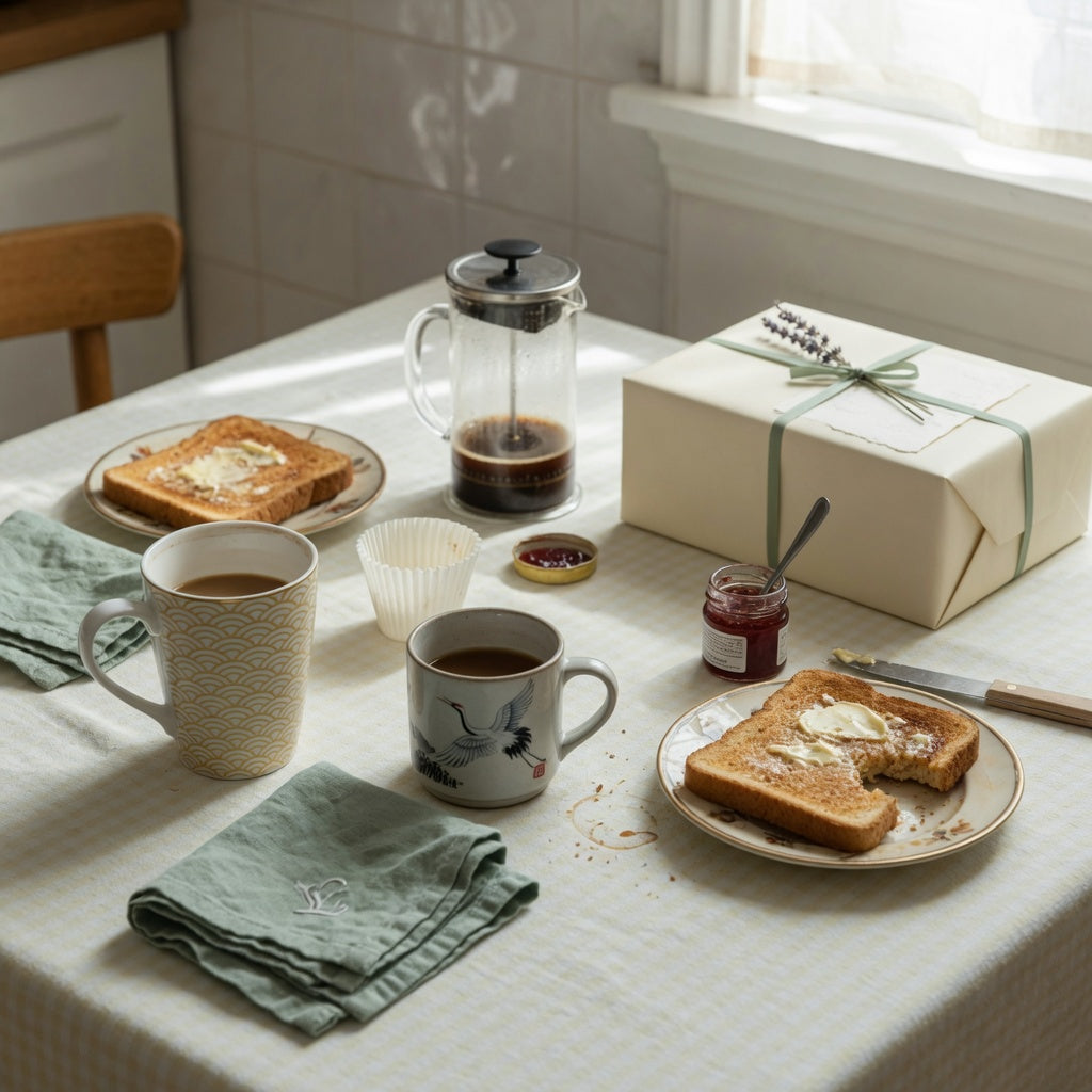 Coffee mug wedding gift weekend coffee practical purchase checklist with tall wave, crane, and pleated mugs on a Saturday breakfast table