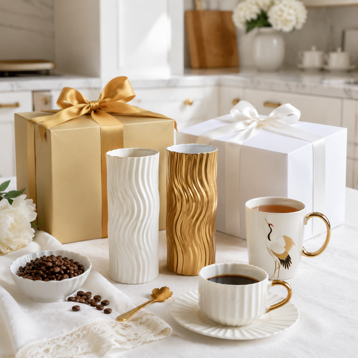 Coffee mug wedding gift comparison with tall golden wave, crane, and pleated cup styles