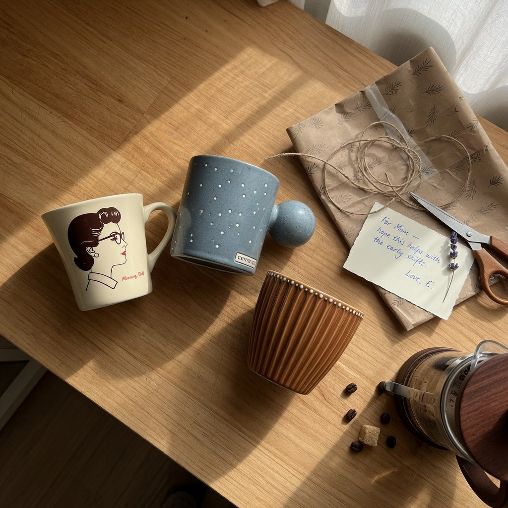 Three ceramic coffee mugs for gifting styled with kraft gift wrap on a wooden kitchen counter