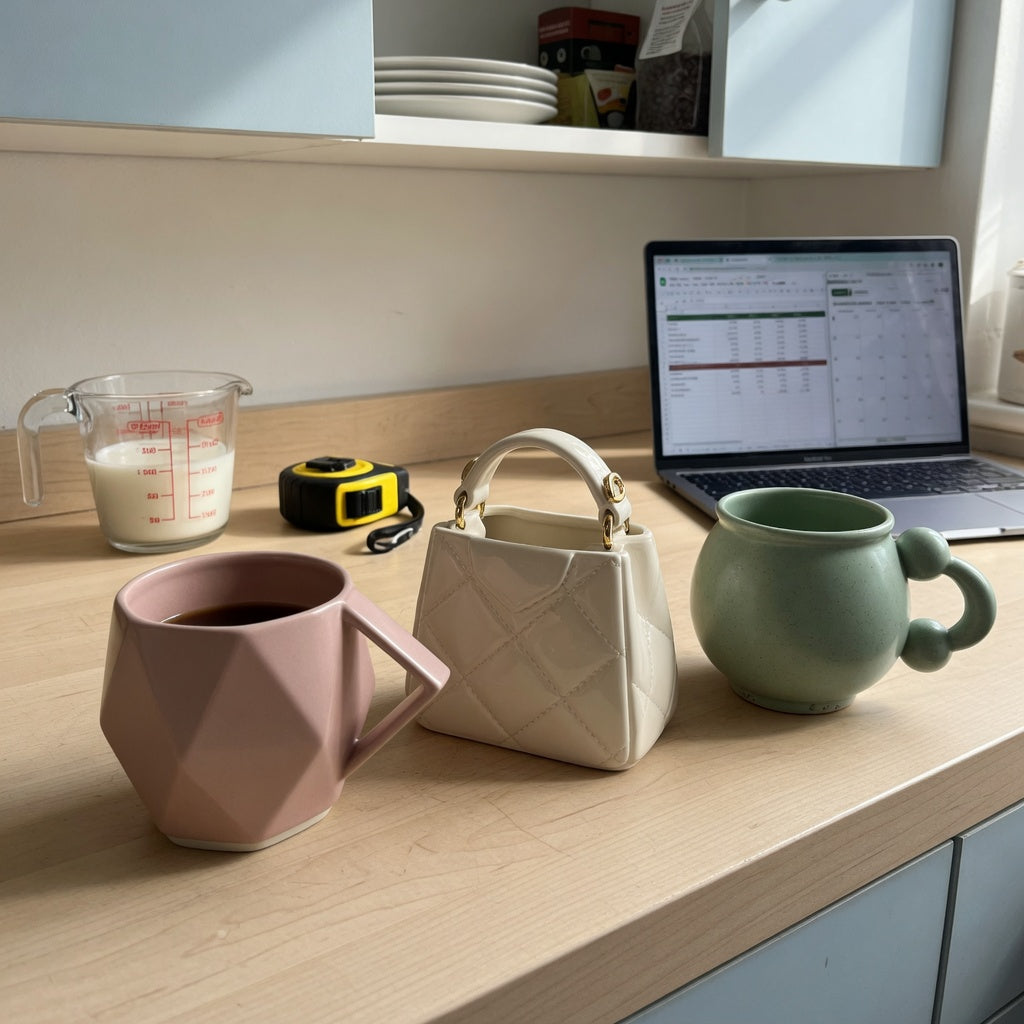 Coffee mugs unique shape buying priorities shown with handbag, rhombus, and ball-handled ceramic mugs beside a measuring jug and shelf ruler