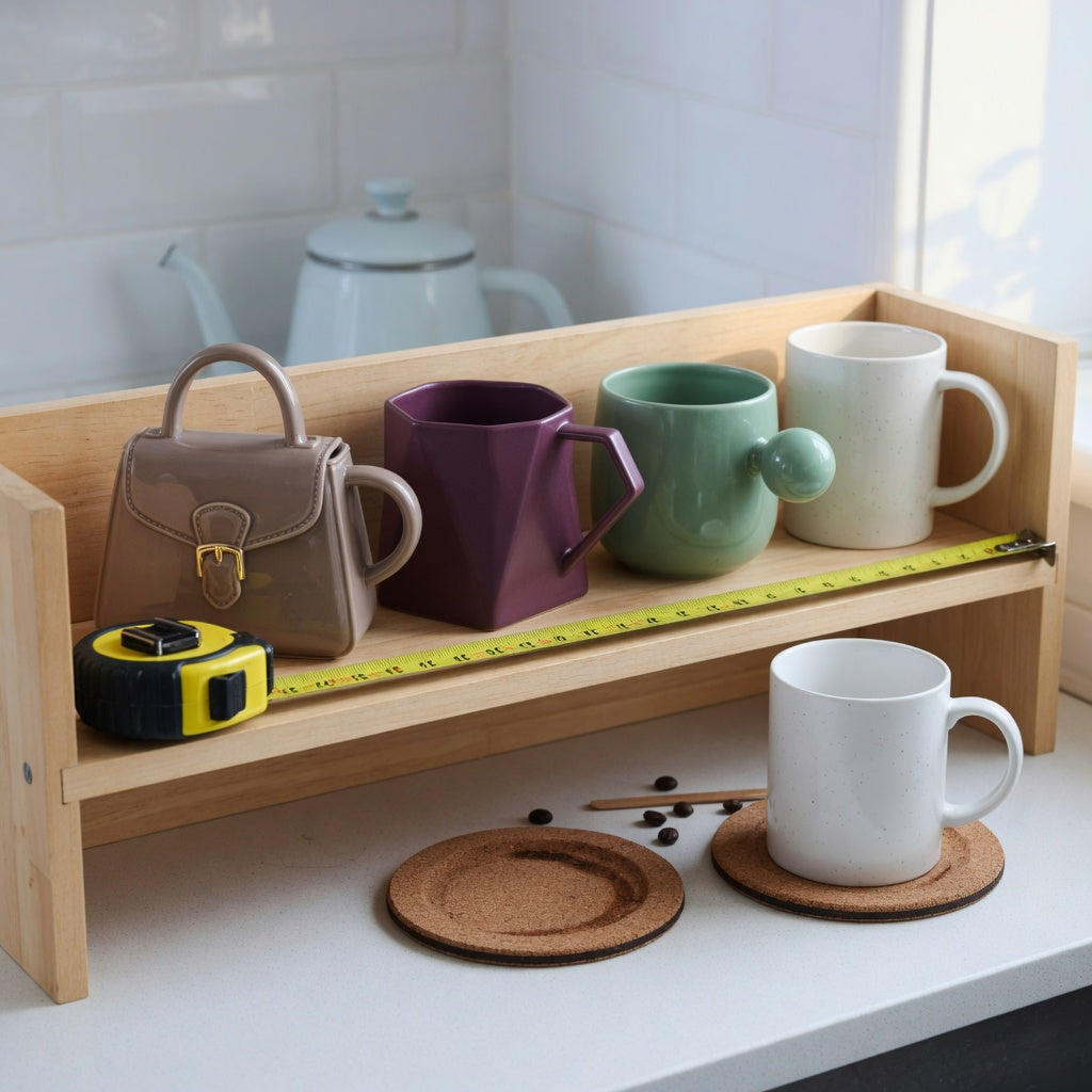 Coffee mugs unique shape everyday mug rotation practical purchase checklist showing handbag, rhombus, and ball-handled mugs on a measured kitchen shelf