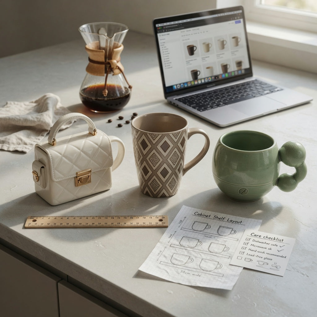 Comparison scene for a coffee mugs unique shape first time buyer product shortlist guide featuring Handbag, Rhombus, and Ball-Handled mug designs