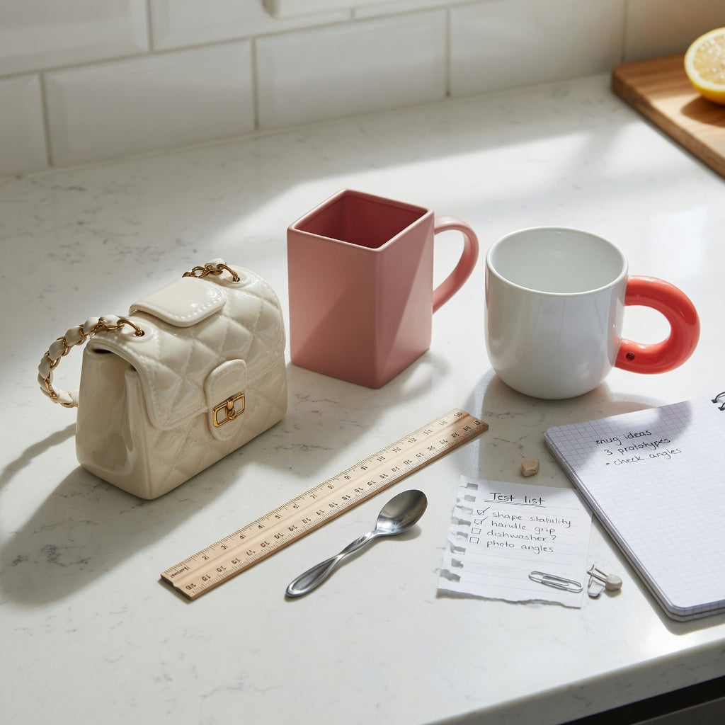 Coffee mugs unique shape gift choice practical purchase checklist showing handbag, rhombus, and ball-handled mug options