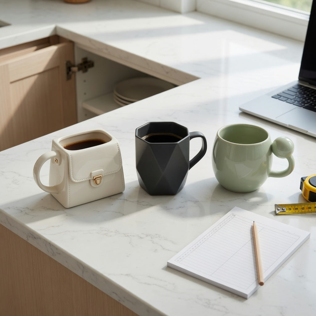Coffee mugs unique shape gift choice product shortlist guide comparing handbag, rhombus, and ball-handled mugs on a kitchen counter