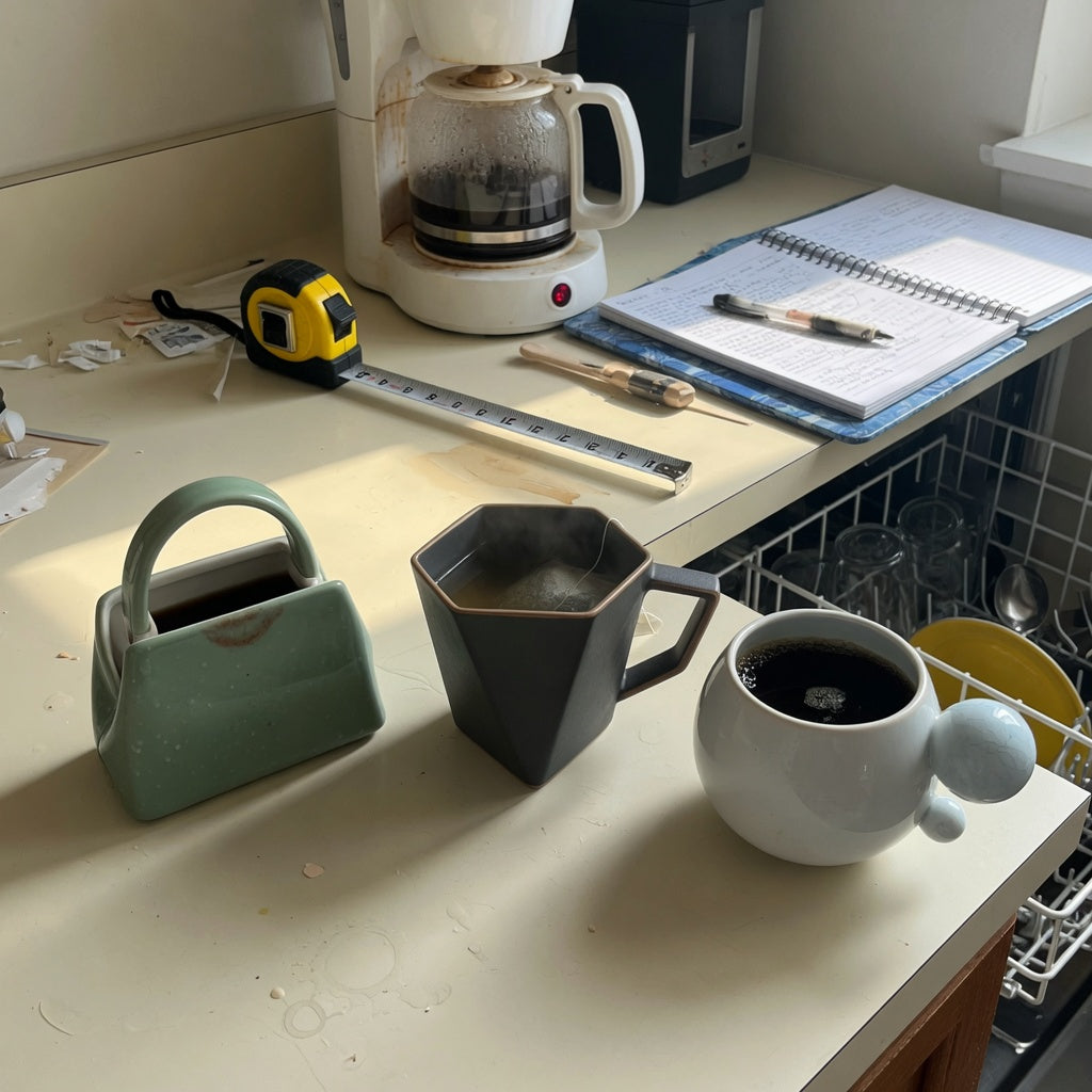 coffee mugs unique shape shared household practical purchase checklist with three distinct mug silhouettes on a shared kitchen counter