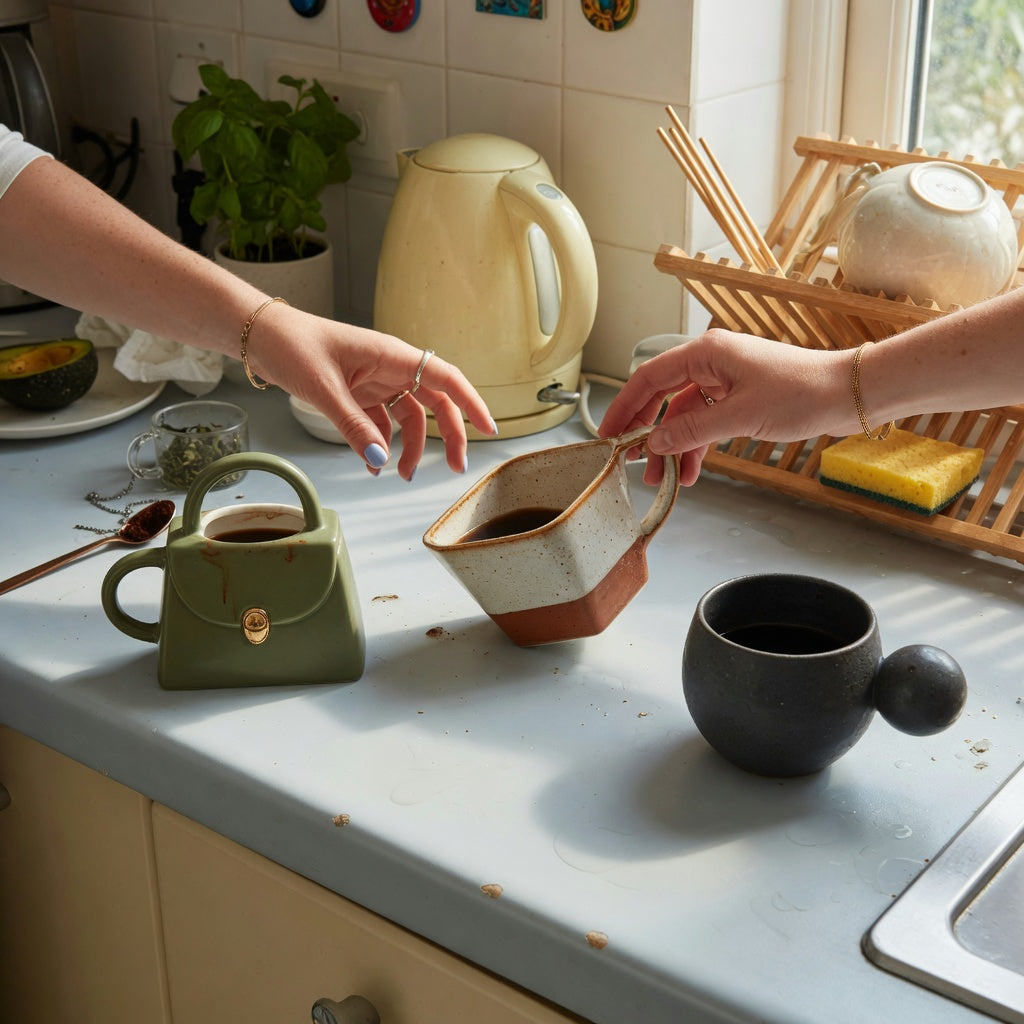 coffee mugs unique shape shared household product shortlist guide showing handbag, rhombus, and ball-handled mugs on a shared kitchen counter