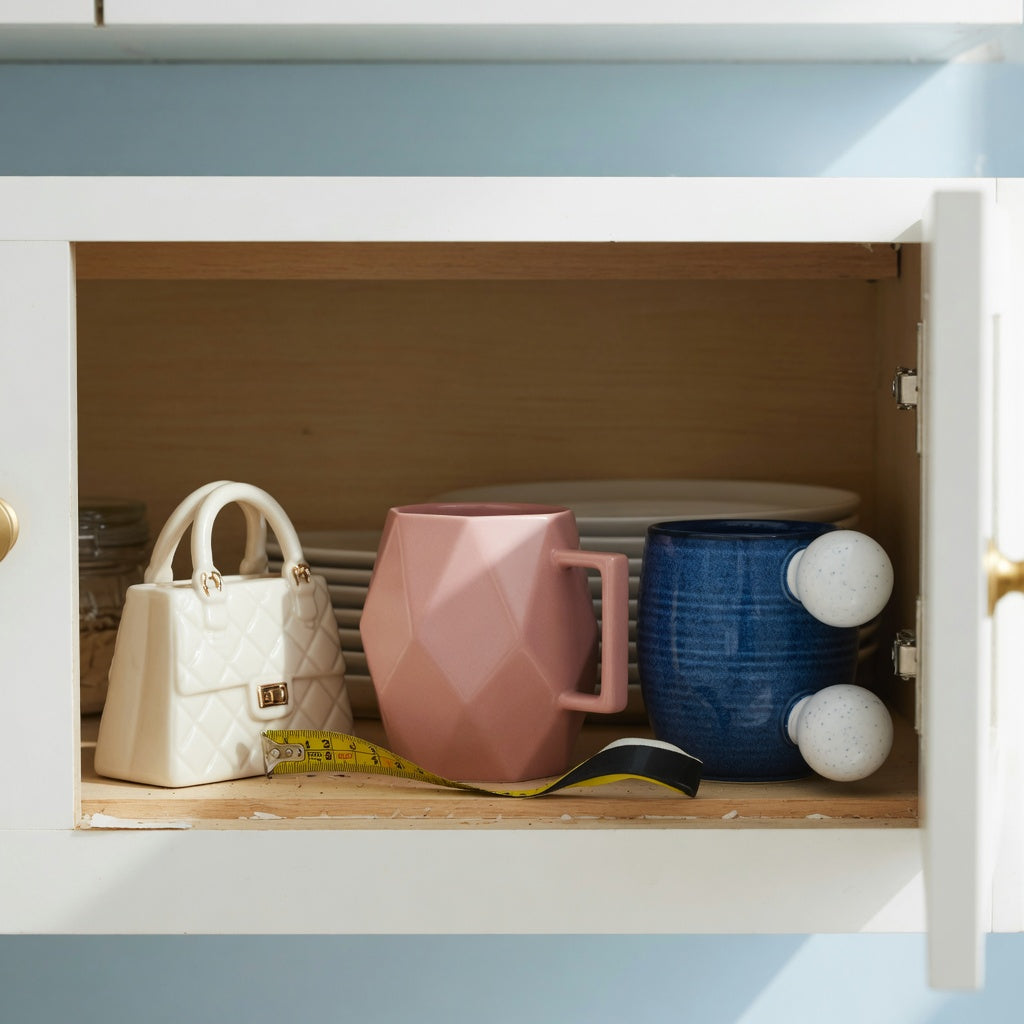 Coffee mugs unique shape storage fit guide showing handbag, rhombus, and ball-handled ceramic mugs measured on a cabinet shelf