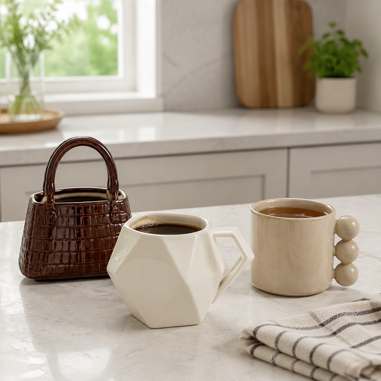 Three coffee mugs unique shape designs with handbag, rhombus, and ball-handled silhouettes on a kitchen counter