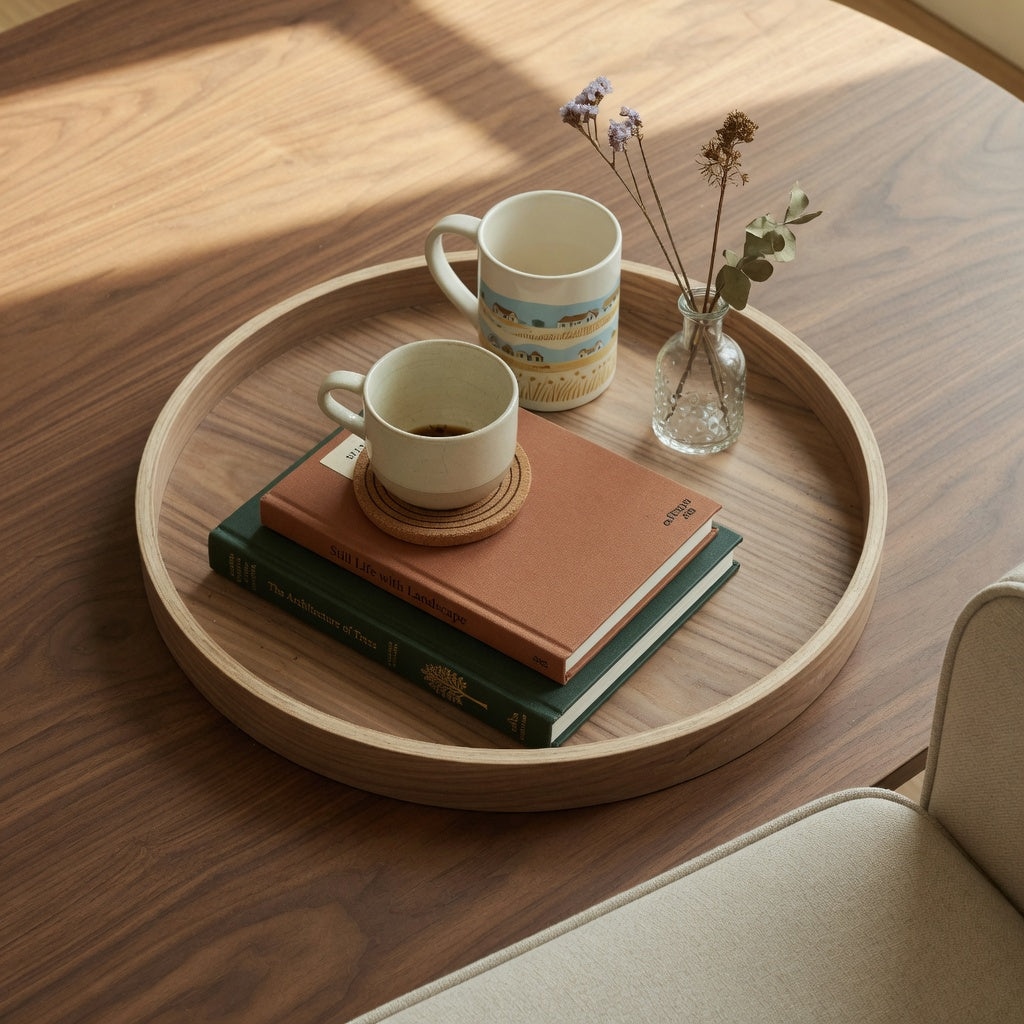 Coffee table styling with ceramic mugs: a wooden tray on a walnut table holding a round ceramic mug on a cork coaster and a taller ceramic mug beside a book stack