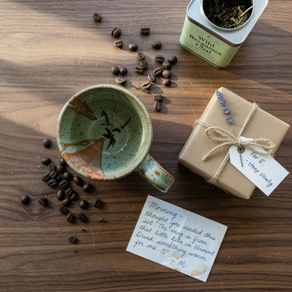 Coffee tea mug for coffee lovers gift beside a wrapped gift box, coffee beans, and a tea tin on a kitchen counter