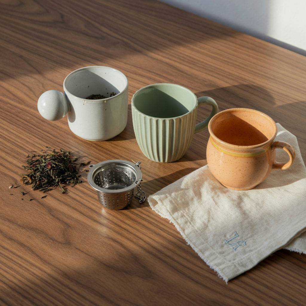 Three cool tea mugs — a ball-handled mug, a pleated cup, and a retro-glazed cup — arranged on a wooden desk with loose leaf tea and an infuser