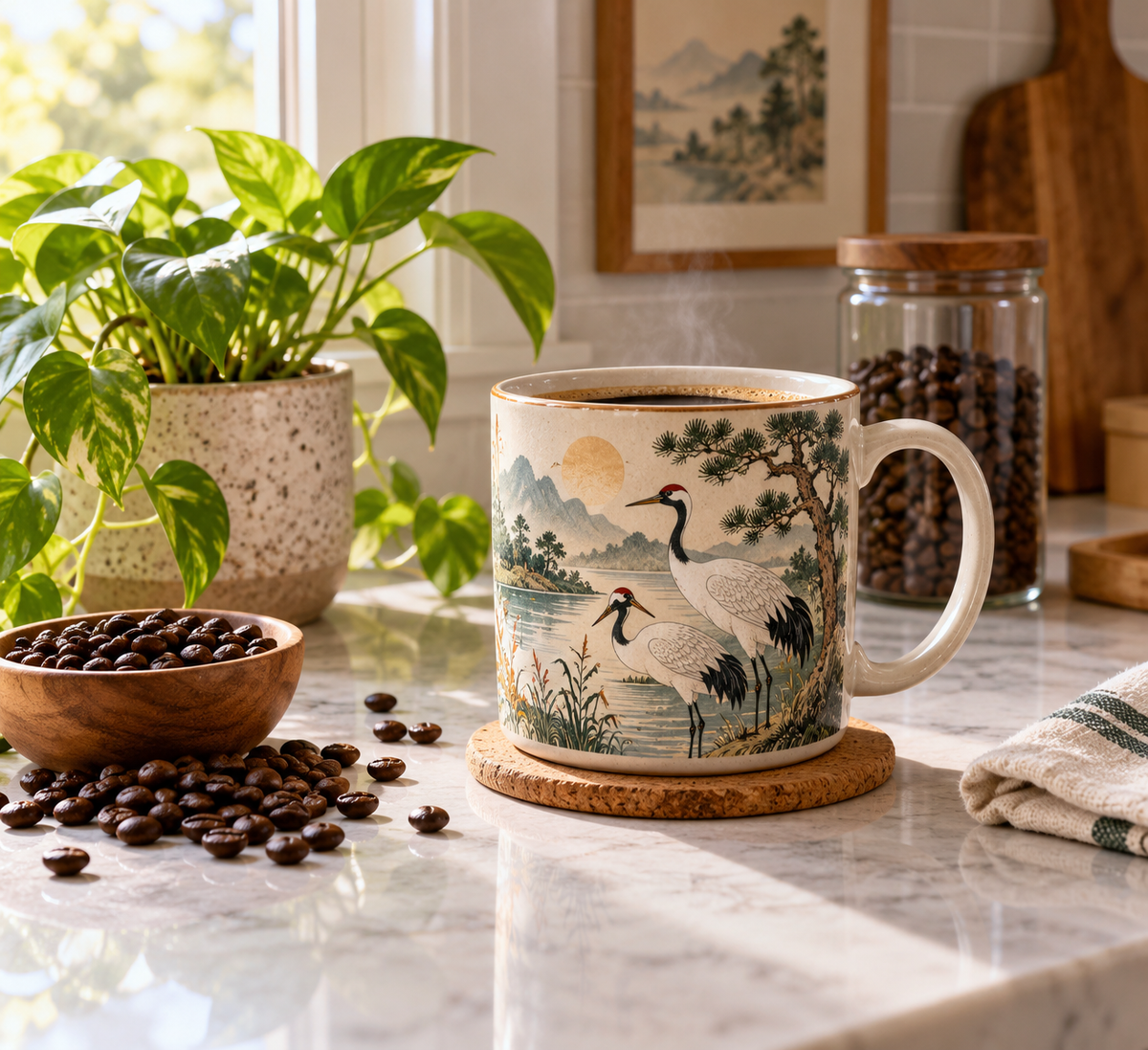 Crane coffee mug for home decor on a styled kitchen table