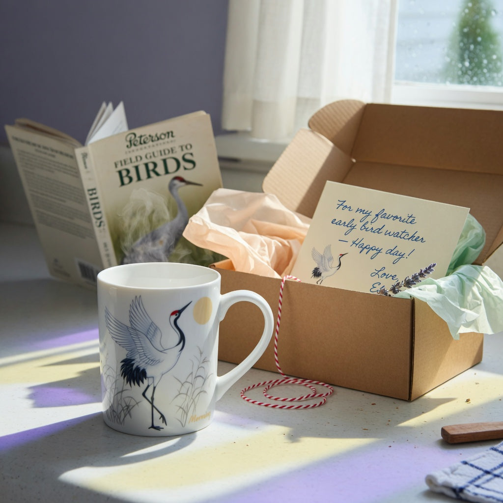 Crane coffee mug gift on a kitchen counter: white ceramic mug with crane artwork beside an open gift box and tissue paper
