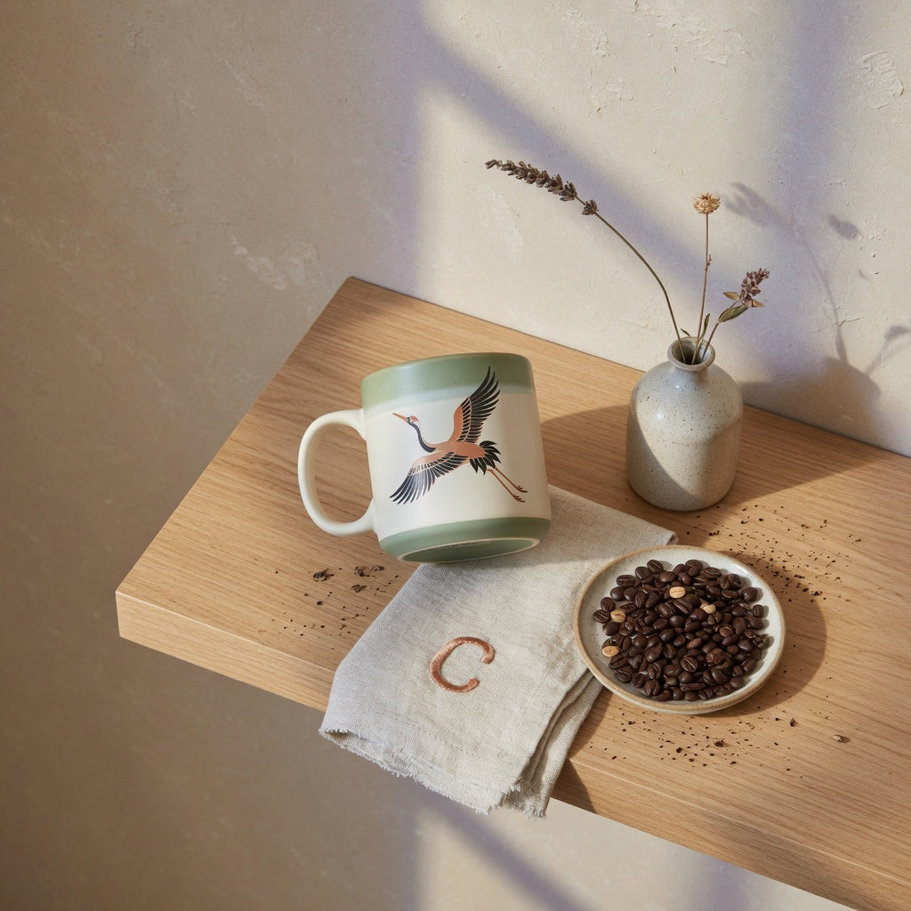 The Crane Coffee Tea Mug styled on an oak shelf with a bud vase and coffee beans as a crane coffee mug home decor gift