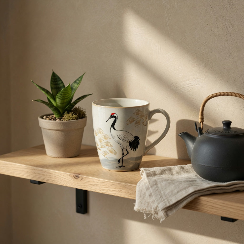 Crane coffee tea mug for home decor styled on an open kitchen shelf beside a potted plant and folded linen napkin
