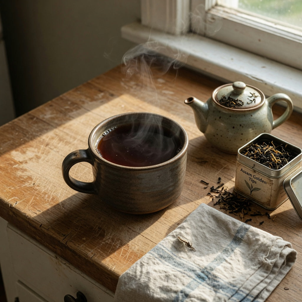 Stoneware cuppa tea mug of black tea beside a small teapot on a kitchen counter