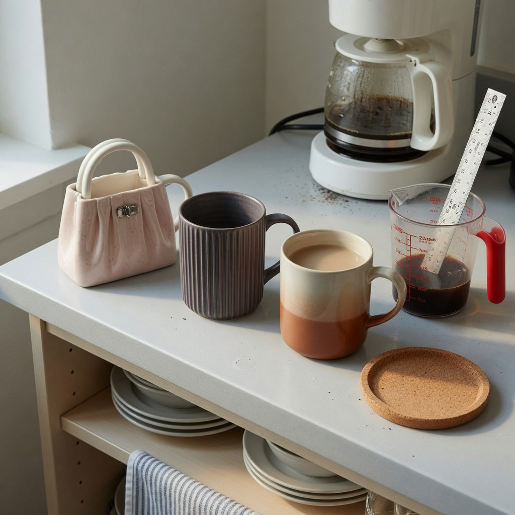 Cute ceramic coffee mugs buying priorities shown with handbag, pleated, and gradient mug shapes beside a measuring jug and ruler
