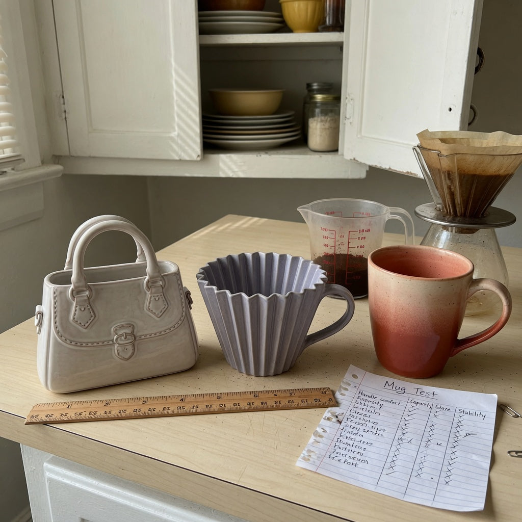 A cute ceramic coffee mugs first time buyer product shortlist guide scene with handbag, pleated, and gradient mugs beside measuring tools