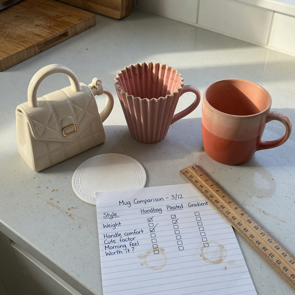 cute ceramic coffee mugs gift choice practical purchase checklist with handbag, pleated, and gradient mug styles