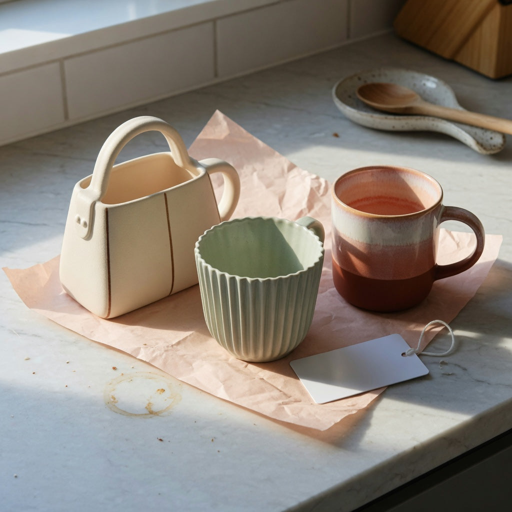 cute ceramic coffee mugs gift choice product shortlist guide showing Handbag, Pleated, and Gradient designs on a kitchen counter