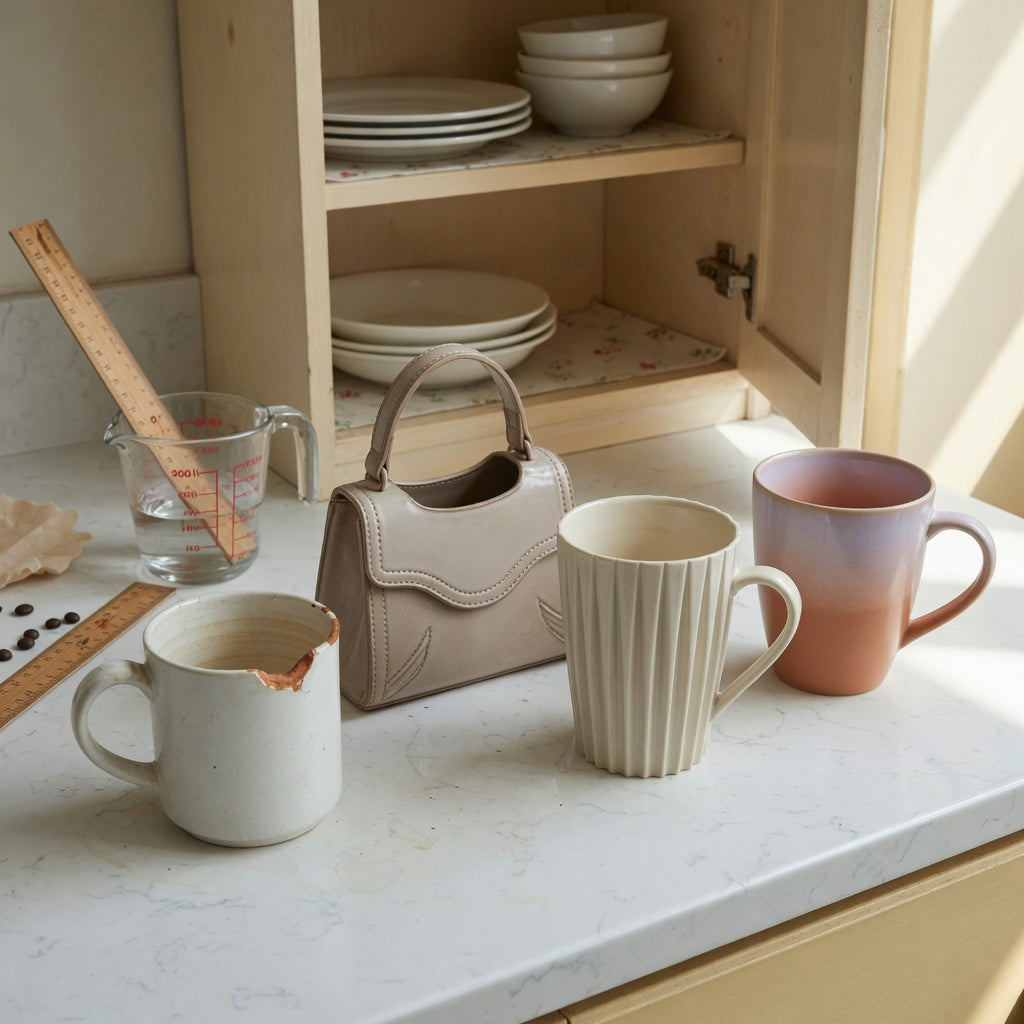 Chipped mug beside three options for the cute ceramic coffee mugs replacement purchase practical purchase checklist
