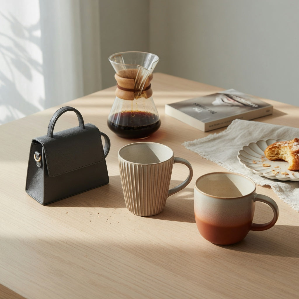 cute ceramic coffee mugs weekend coffee product shortlist guide with handbag, pleated, and gradient ceramic mugs on a quiet kitchen table