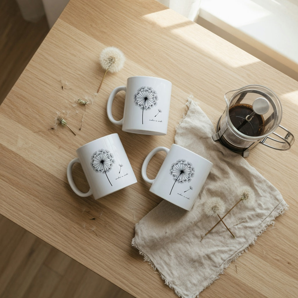 Dandelion ceramic mug comparison showing 400 ml and 480 ml capacities, handle shapes, and print detail on a kitchen table