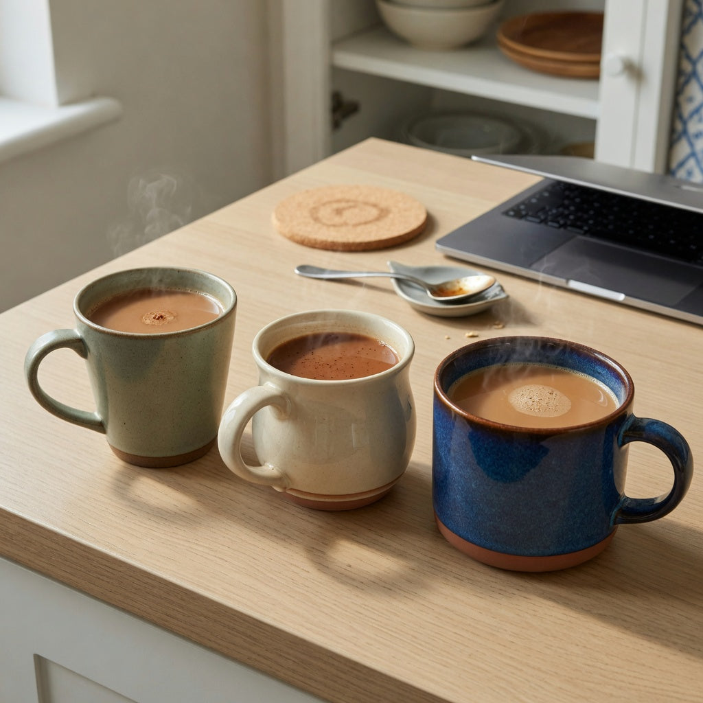 Dandelion coffee mug buying priorities compared with two 400 ml mugs and one 480 ml mug beside a laptop and kitchen shelf