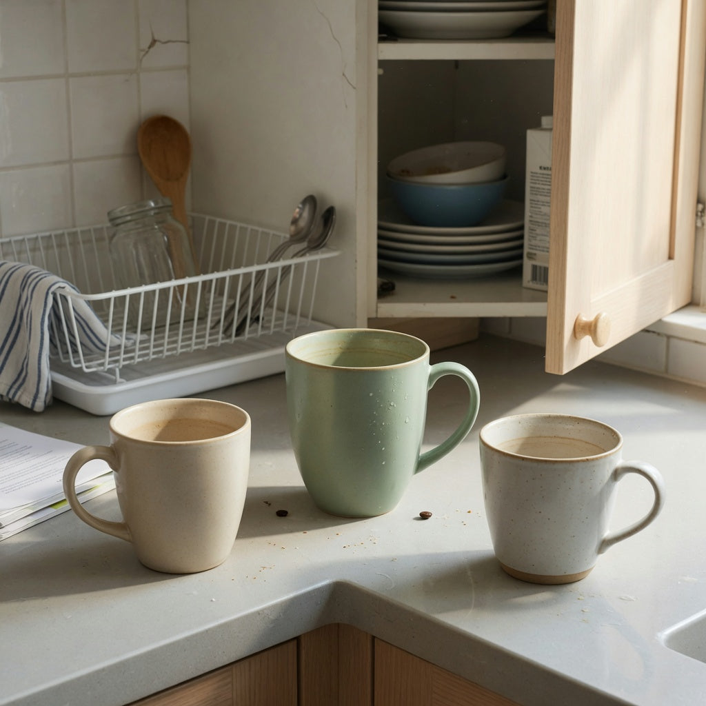 Dandelion coffee mug everyday mug rotation product shortlist guide showing two 400 ml mugs and one 480 ml mug beside an open kitchen cabinet