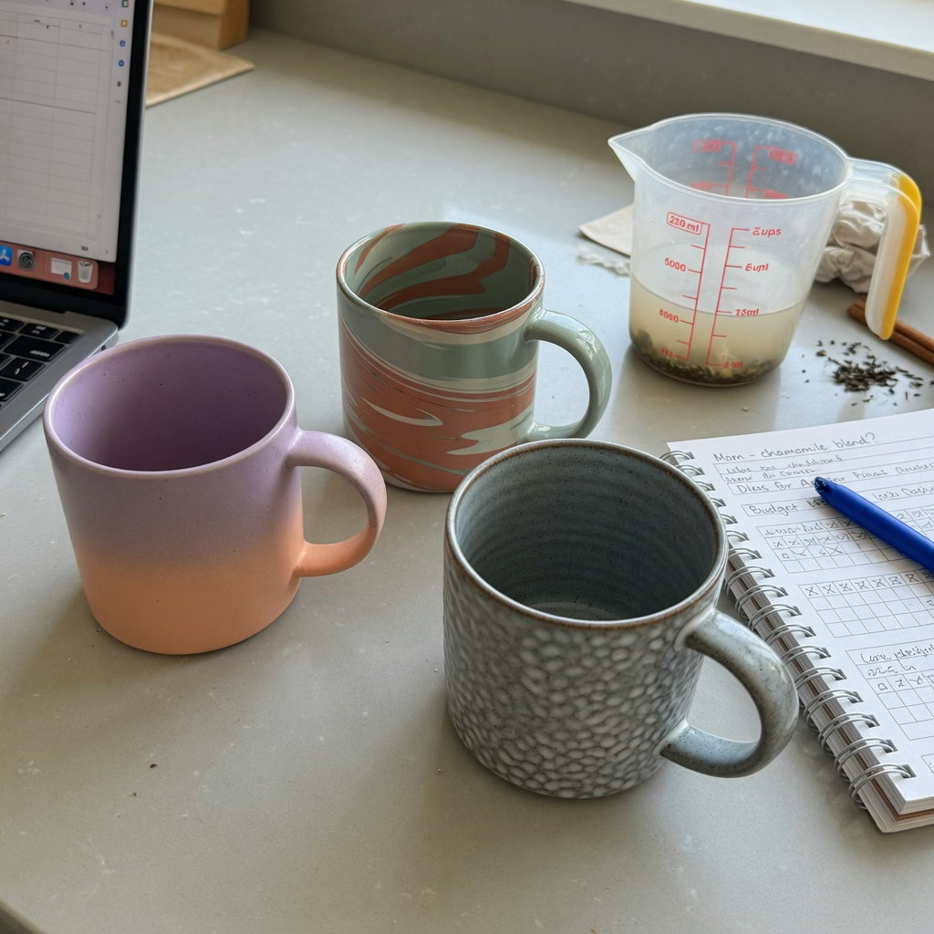 dandelion coffee mug gift choice product shortlist guide showing Gradient, Flow, and Rock mugs beside a pour-size checklist