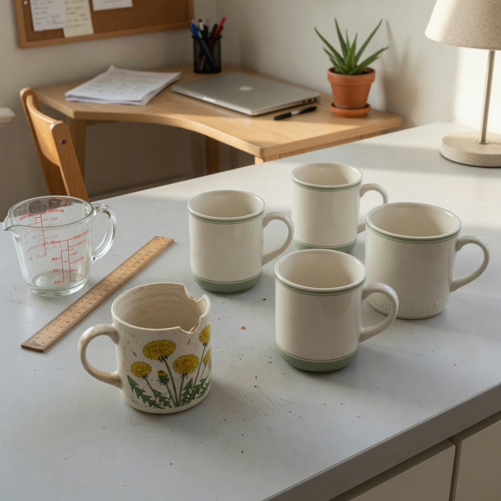 Dandelion coffee mug replacement purchase practical purchase checklist with a worn mug, measuring jug, ruler, two 400 ml mugs, and one 480 ml mug