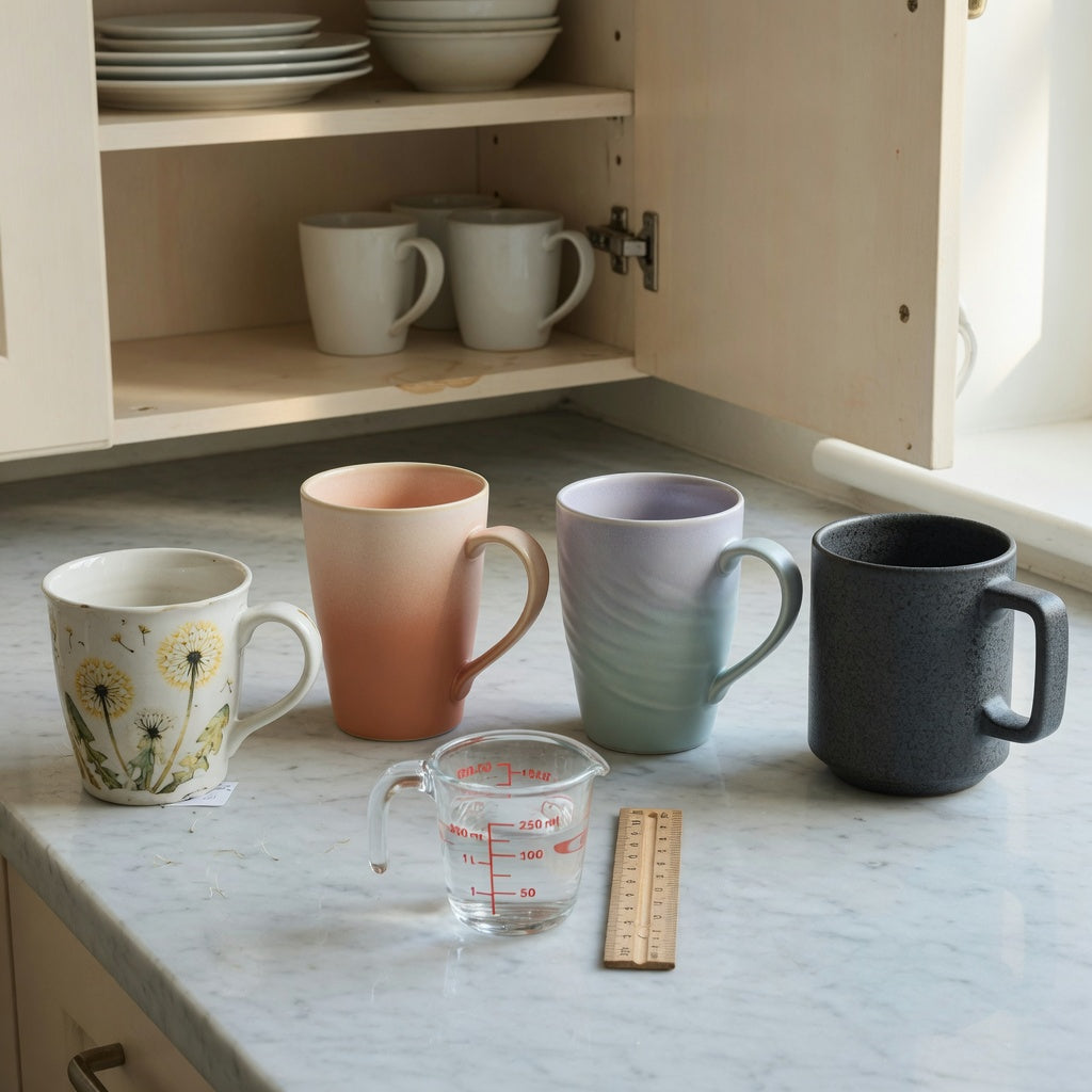 Kitchen-counter setup for a dandelion coffee mug replacement purchase product shortlist guide comparing 400 ml Gradient and Flow mugs with the 480 ml Rock