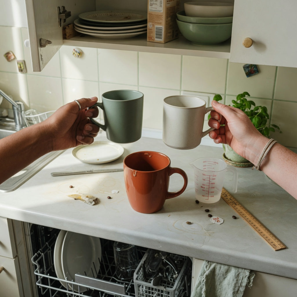 Dandelion coffee mug shared household practical purchase checklist with two 400 ml mugs and one 480 ml mug on a shared kitchen counter