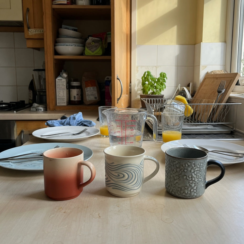 Shared kitchen scene for the dandelion coffee mug shared household product shortlist guide, showing 400 ml and 480 ml choices